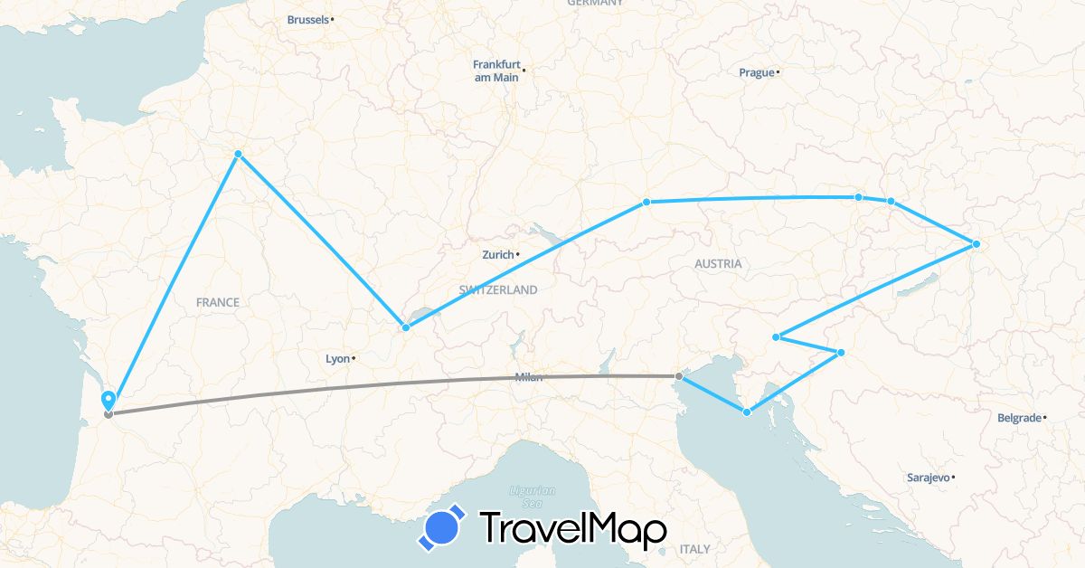 TravelMap itinerary: driving, plane, boat in Austria, Switzerland, Germany, France, Croatia, Hungary, Italy, Slovenia, Slovakia (Europe)